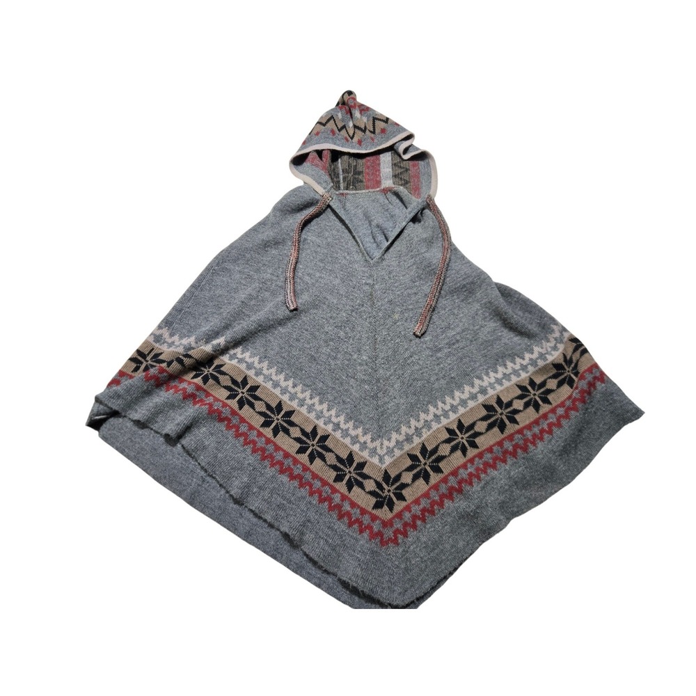 Women's Gray Tribal Print Hooded Poncho Sweater Cape‎ Boho